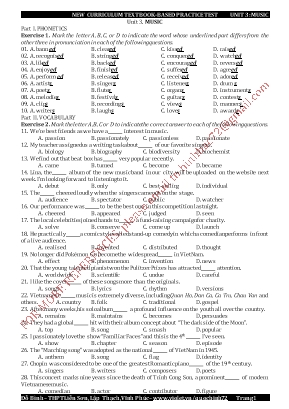 Bài tập bổ trợ Tiếng Anh Lớp 10 thí điểm - Unit 3 Music - Đỗ Bình